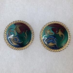 Vintage Style Hand Crafted Gold Tone & Epoxy Paint Swirl Design Pierced Earrings